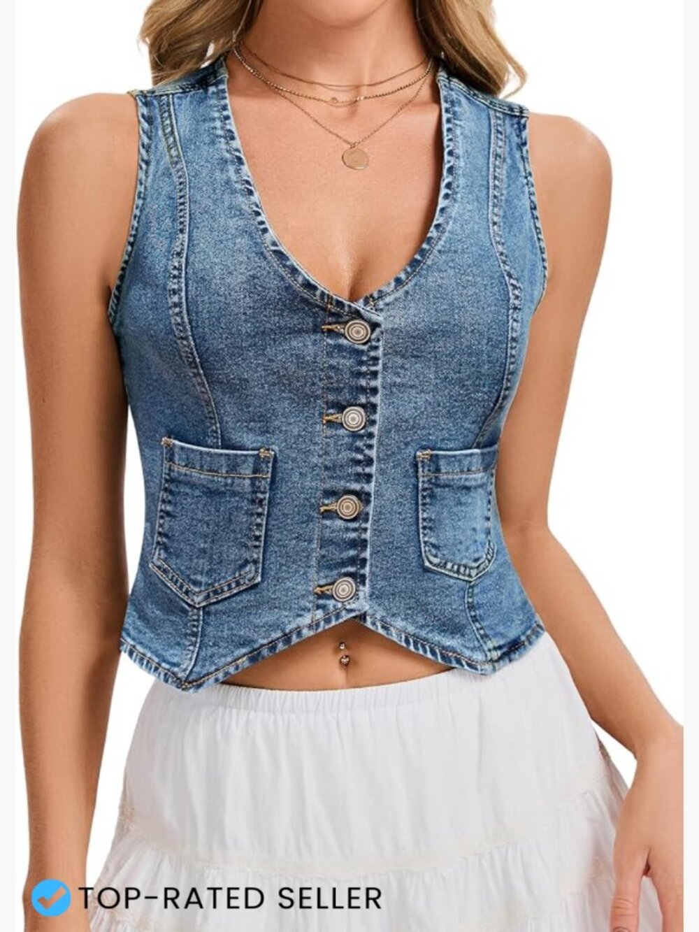 Cropped Denim Vest Sleeveless V-Neck Button Front Stretchable Women's Casual